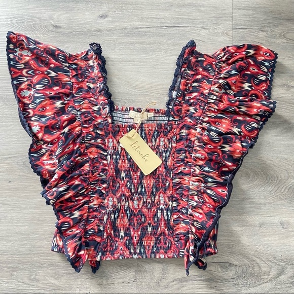 Anthropologie Let Me Be Smocked Crop Top in Red/orange and Navy NWT- Sz S, M & L - Picture 5 of 15